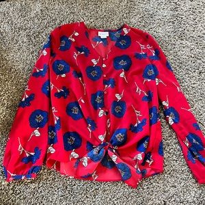 Liz Claiborne Red Floral Button-Front Blouse with Blue Flowers